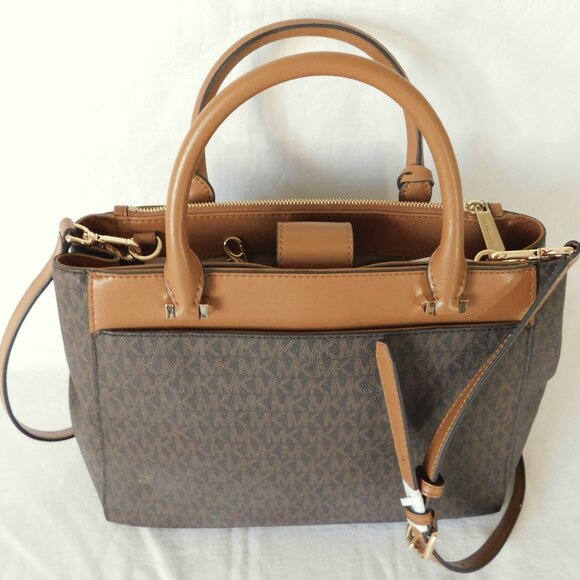 Medium Michael Kors Signature Brown & Camel Leather Tote Handbag Purse - Picture 8 of 15
